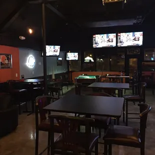 a pool table and televisions