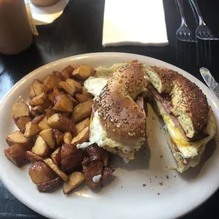 Bagel sandwich and house fries