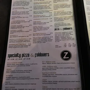 Appetizer &amp; Pizza Menu