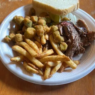 Brisket plate. With a side of fries and fried okra.