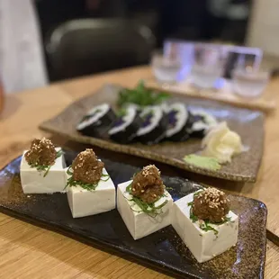 Agedashi tofu, hawaiian veggie roll, sake flight