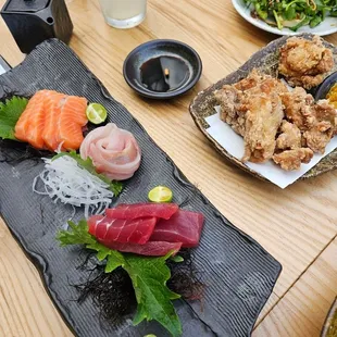 Sashimi, mochiko fried chicken and watercress salad