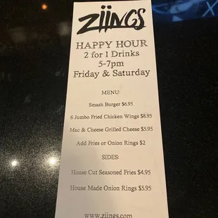 Happy hour menu