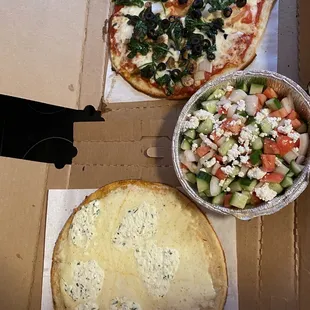 White pizza, shepherds salad, veggie pizza (all gluten free)