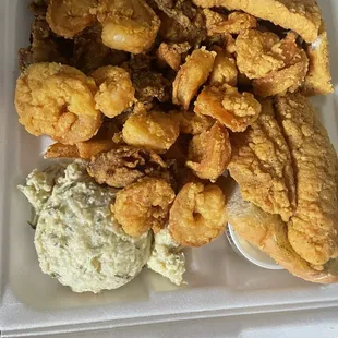 Fish shrimp oyster potatoe salad season fries one cup tarter