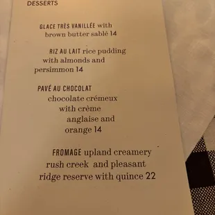 Dessert menu