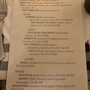 Cocktail menu