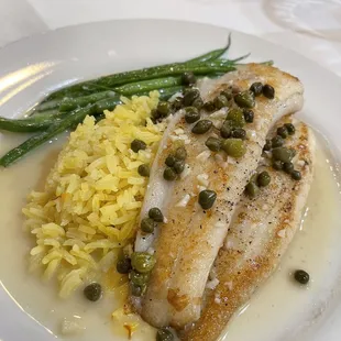 Sole with capers, rice, green beans and the most delicious lemony citrus butter sauce. Highly recommended!!
