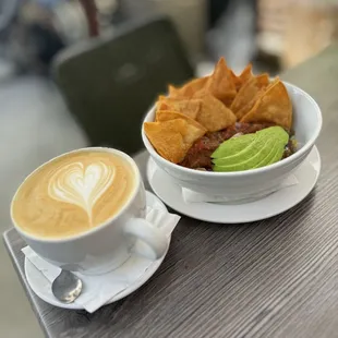 Breakfast burrito bowl and latte.