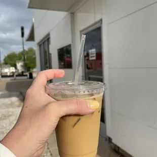 Iced lavender oat milk latte next to the "drive-thru", which is really just pull up next to the door and someone comes to get your order.