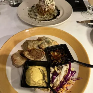 Crispy Duck Confit Eggrolls, Smoked Trout &amp; Potato Pancakes