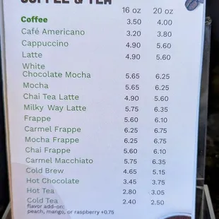 Coffee and tea menu