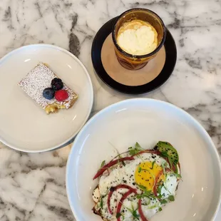 Pistacchietto, lemon bar, and avocado toast with egg