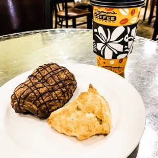 Coffee and pastries (Lemon scone and pan au chocolate)