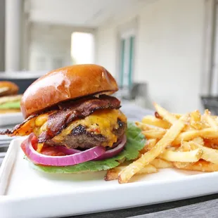 House Bacon Burger &amp; fries on the patio