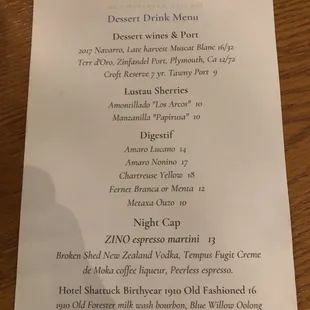 Dessert drink menu