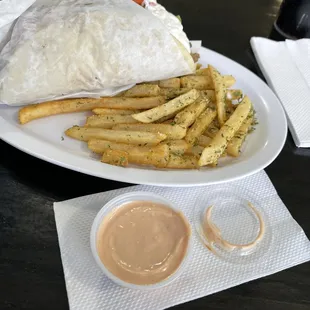 Gyro sandwich and fries