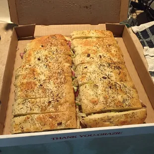 Party sub. Ham &amp; cheese on the left, my favorite. Turkey on the right, kids favorite