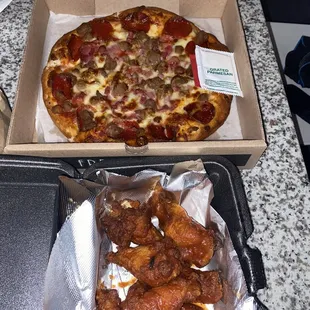 Meat Lovers Pizza and spicy bbq wings