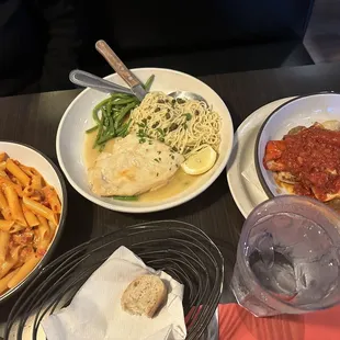 Penne alla vodka, chicken Piccata, sausage and peppers special