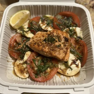 Salad Caprese with grilled salmon