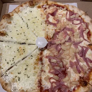 Medium half White Four Cheese and half Hawaiian Pizza