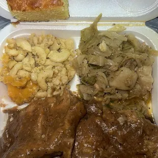 Smothered pork chops, cabbage, Mac &amp; cheese