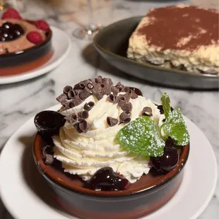 Top left: Chocolate gelato Top right: tiramisu Bottom: Chocolate Budino
