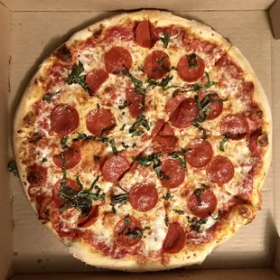 Large three topping pizza: pepperoni, garlic and basil