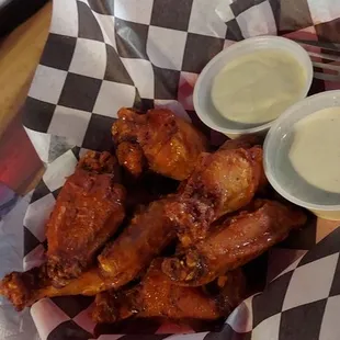 Buffalo oven fried chicken wings with ranch and blue cheese