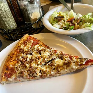 Italian sausage &amp; mushroom pizza (light cheese) with side House Salad