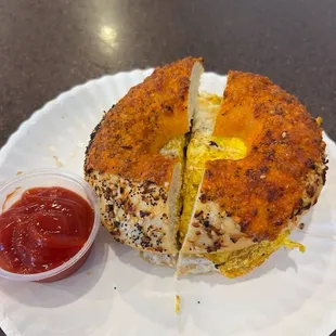 BEC on an everything cheddar bagel