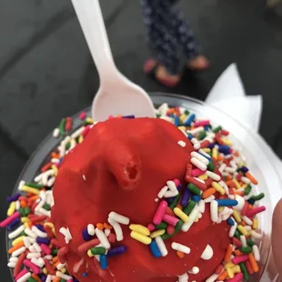 Small vanilla dish with sprinkles and cherry dip top.