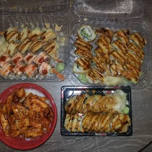 Spicy Chicken Teriyaki Bowl, 3 Baked California Rolls, 1 Dragon Roll.