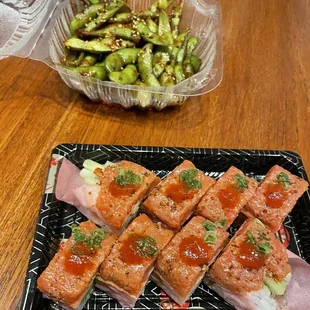 Top: Garlic Edamame. Bottom: Zip Town Roll