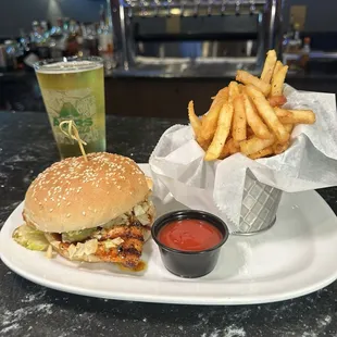 pickle brined chicken sandwich, salt and pepper fries &amp; pickle time beer