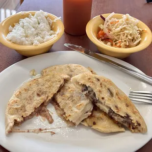 Bean/cheese + steak/cheese, w/ side of rice.