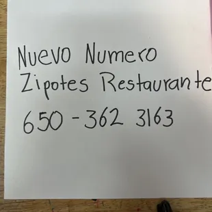Nuevo número de restaurante Zipote