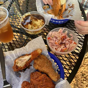 Chicken basket, slaw, mashed potatoes with gravy, and the chicken sandwich.