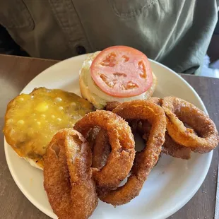 Burger with cheddar and onion rings