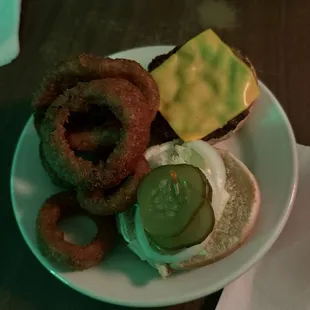 Zip Burger with a side of Onion Rings