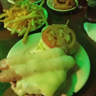 Girth burger with swiss, Zip burger with pepper jack, fries, onion rings and beer
