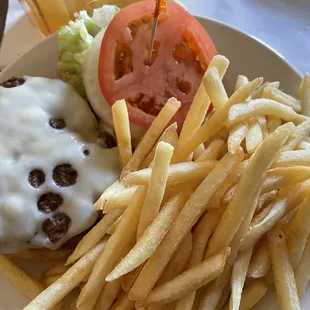 Burger with Swiss and fries