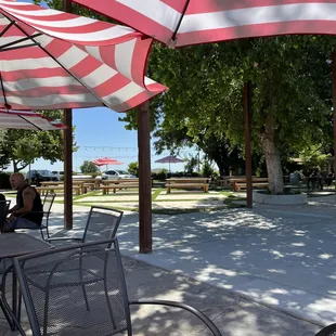 a picnic area with tables and umbrellas