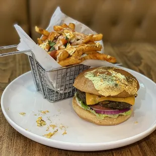 a burger and fries on a plate
