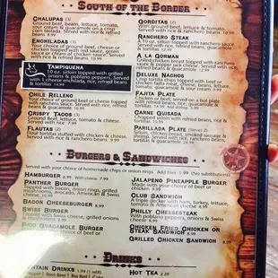 Tex Mex menu