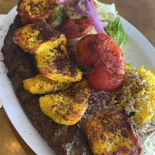 Half rice half salad beef (koobideh) chicken combo