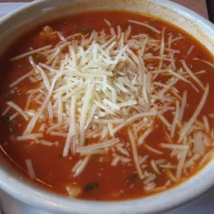 Ravioletti Soup with cheese raviolis in a tomato basil stock topped with romano cheese.  This was half my $9 combo after tax
