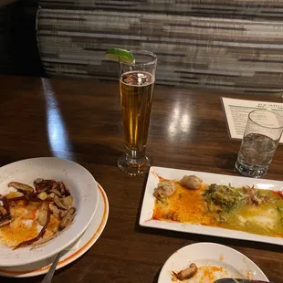 Stuffed Calamari, Dinner Manchego Potatoes Gratin, and Modelo especial