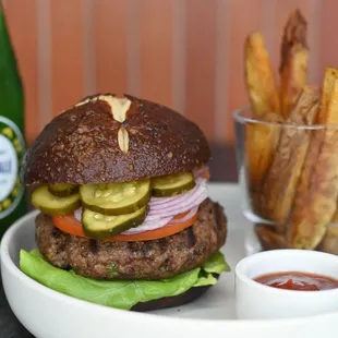Basin Burger served with lettuce, tomato, onions and pickles. Add your choice of cheese. Served with hand cut house fries.